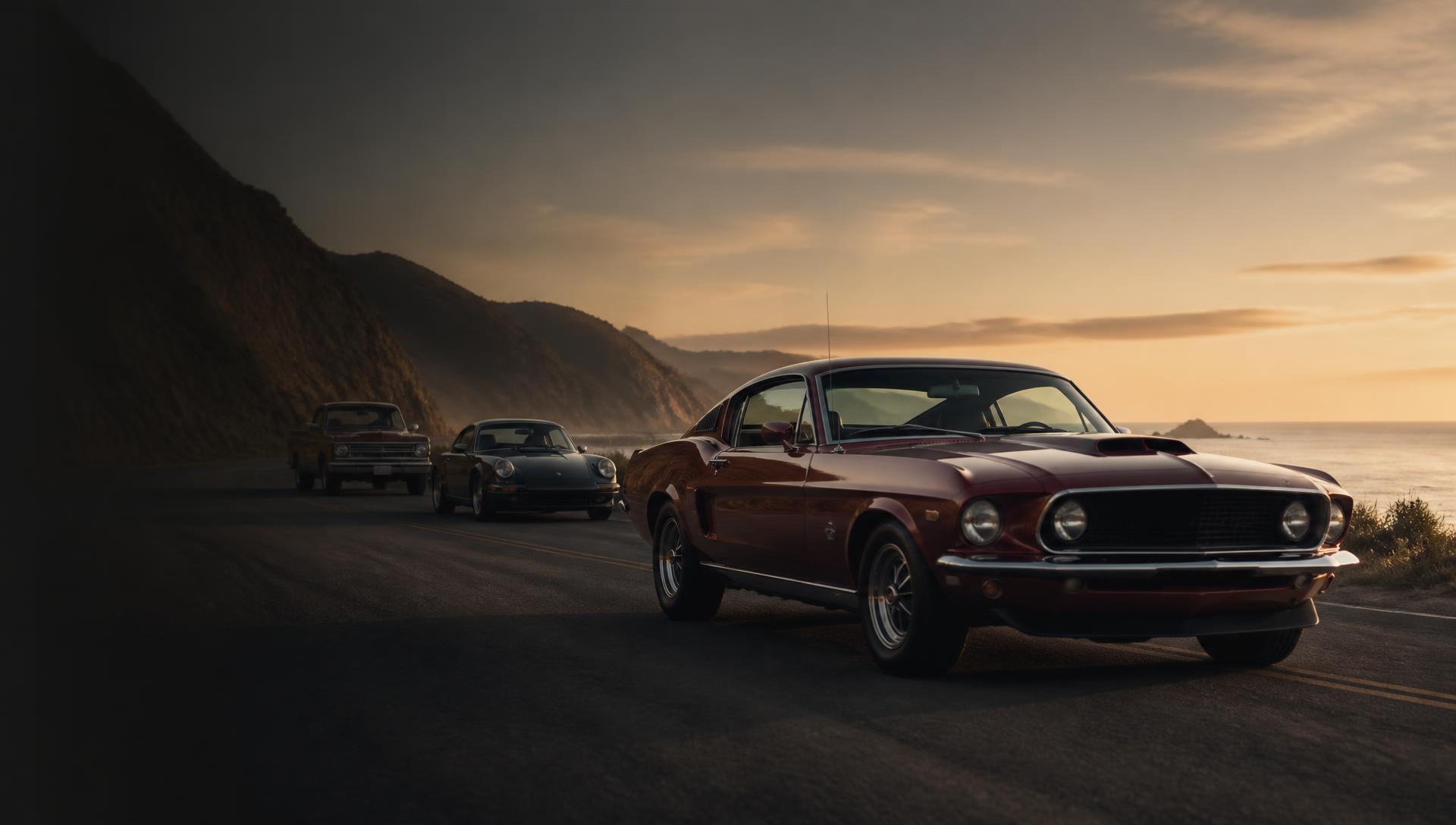 Dark red 1969 Ford Mustang fastback on a California coastal road at dusk, with a vintage Porsche 911 and a 1960s Chevrolet pickup further back